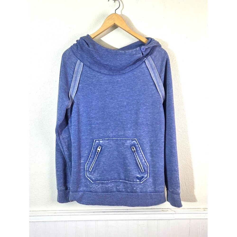 Roxy Womens Hoodie Large Blue Graphic Pullover Cowl Neck Surf Skate Y2K